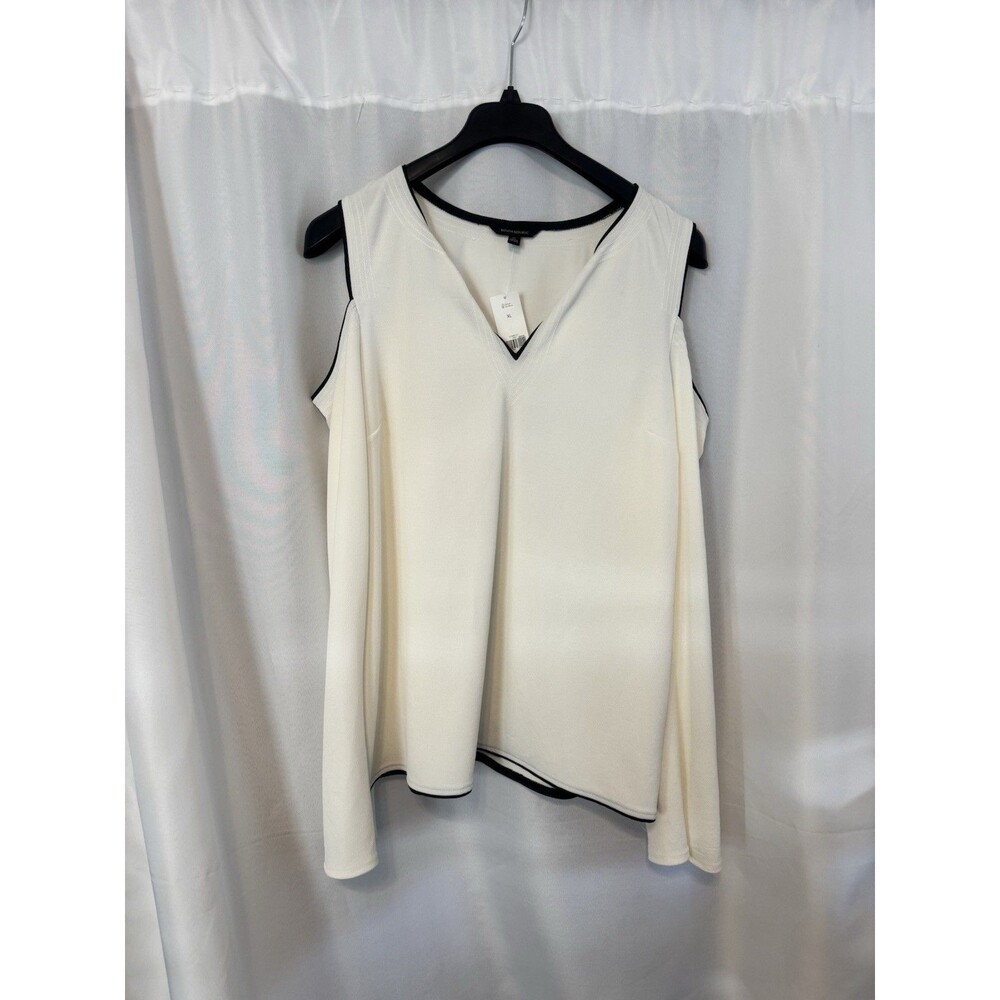 Banana Republic Cold Shoulder Knit Top XL Ivory Black Contrast Trim V-Neck